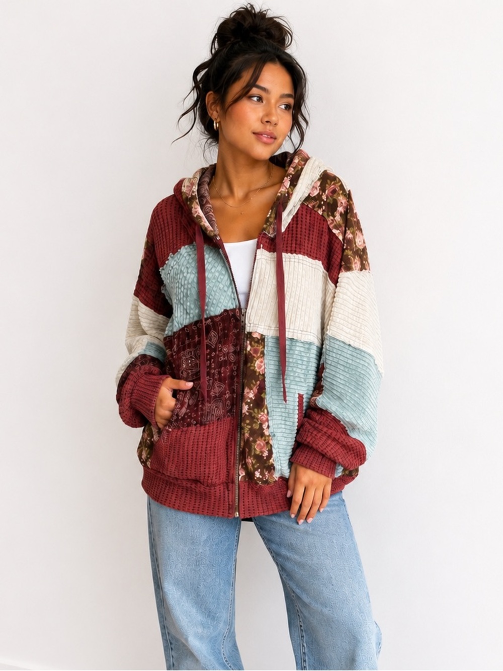 301. Women's Boho Patchwork Hooded Zip-Up Jacket